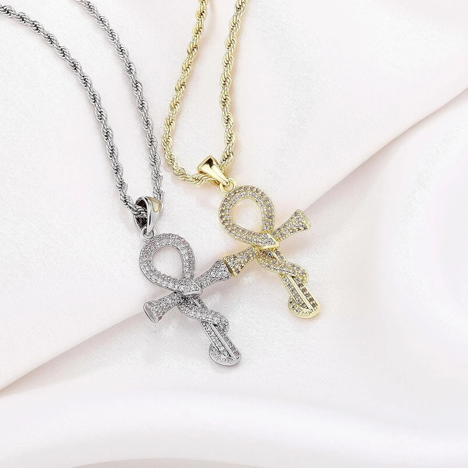 JINAO Ankh Cross Necklace for Men 14K Gold Plated - Snake Coiled Egyptian Symbol Cross Pendant with 5A Cubic Zirconia, 24" Rope Chain Men??s Jewelry