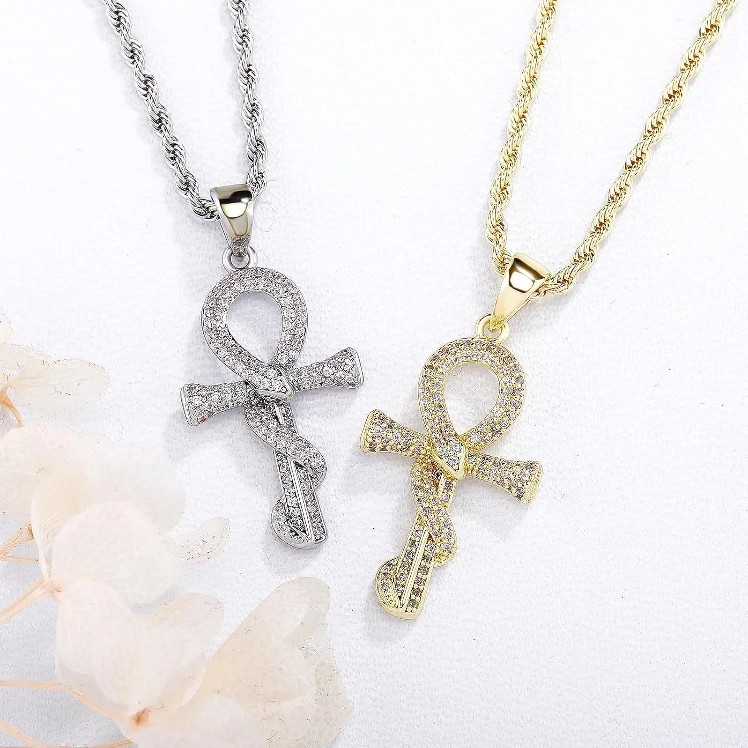 JINAO Ankh Cross Necklace for Men 14K Gold Plated - Snake Coiled Egyptian Symbol Cross Pendant with 5A Cubic Zirconia, 24" Rope Chain Men??s Jewelry