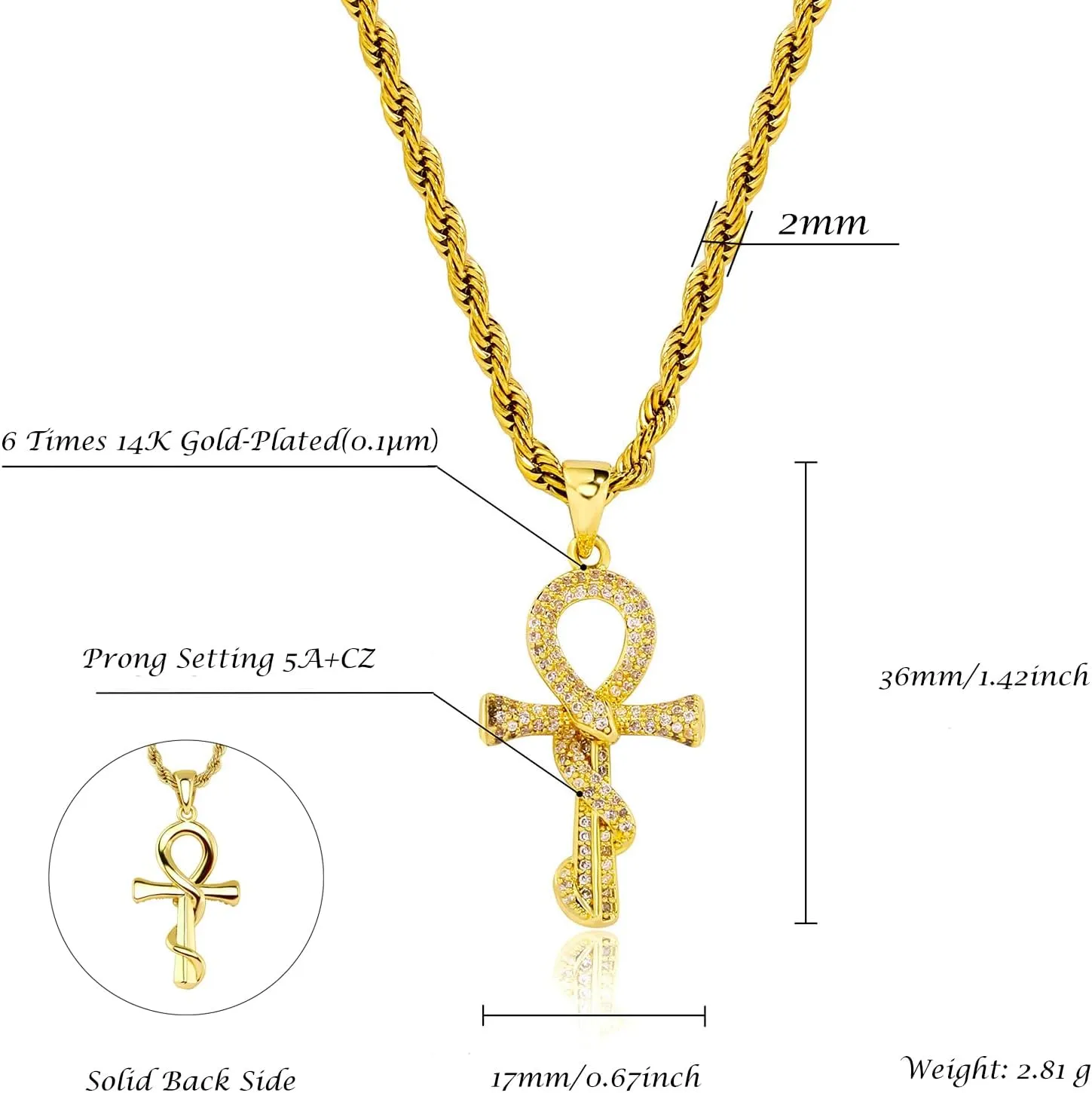 JINAO Ankh Cross Necklace for Men 14K Gold Plated - Snake Coiled Egyptian Symbol Cross Pendant with 5A Cubic Zirconia, 24" Rope Chain Men??s Jewelry