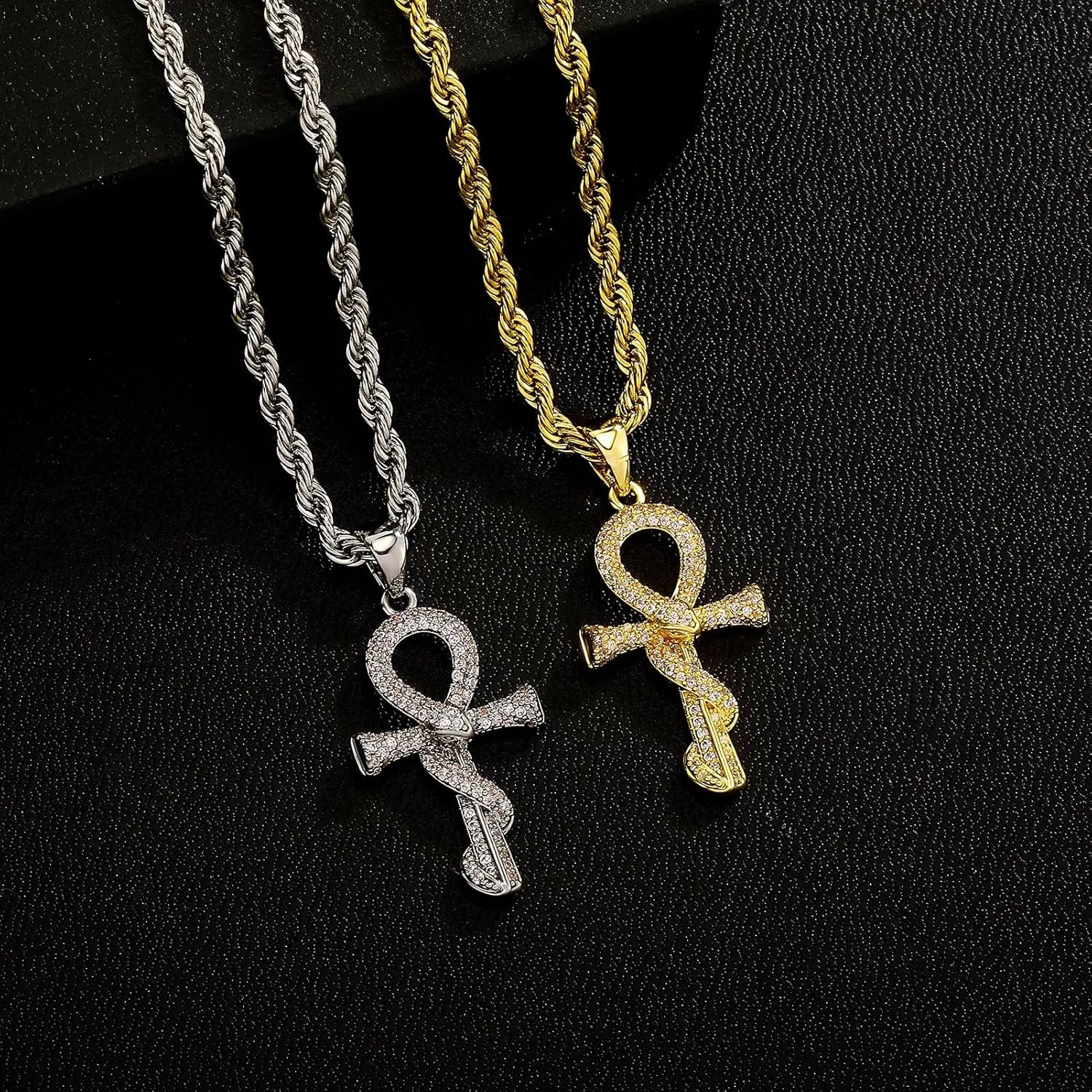 JINAO Ankh Cross Necklace for Men 14K Gold Plated - Snake Coiled Egyptian Symbol Cross Pendant with 5A Cubic Zirconia, 24" Rope Chain Men??s Jewelry