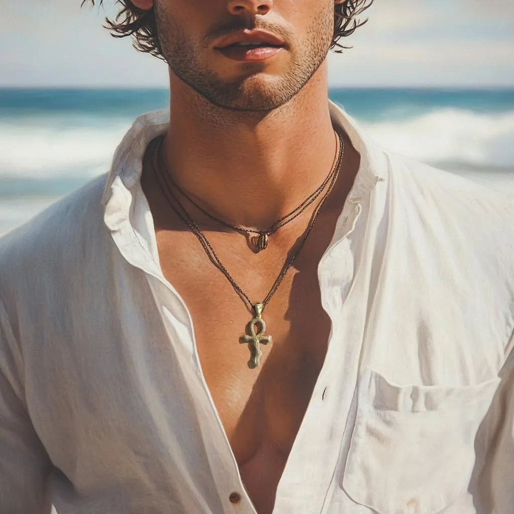 JINAO Ankh Cross Necklace for Men 14K Gold Plated - Snake Coiled Egyptian Symbol Cross Pendant with 5A Cubic Zirconia, 24" Rope Chain Men??s Jewelry