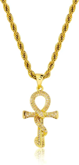JINAO Ankh Cross Necklace for Men 14K Gold Plated - Snake Coiled Egyptian Symbol Cross Pendant with 5A Cubic Zirconia, 24" Rope Chain Men??s Jewelry