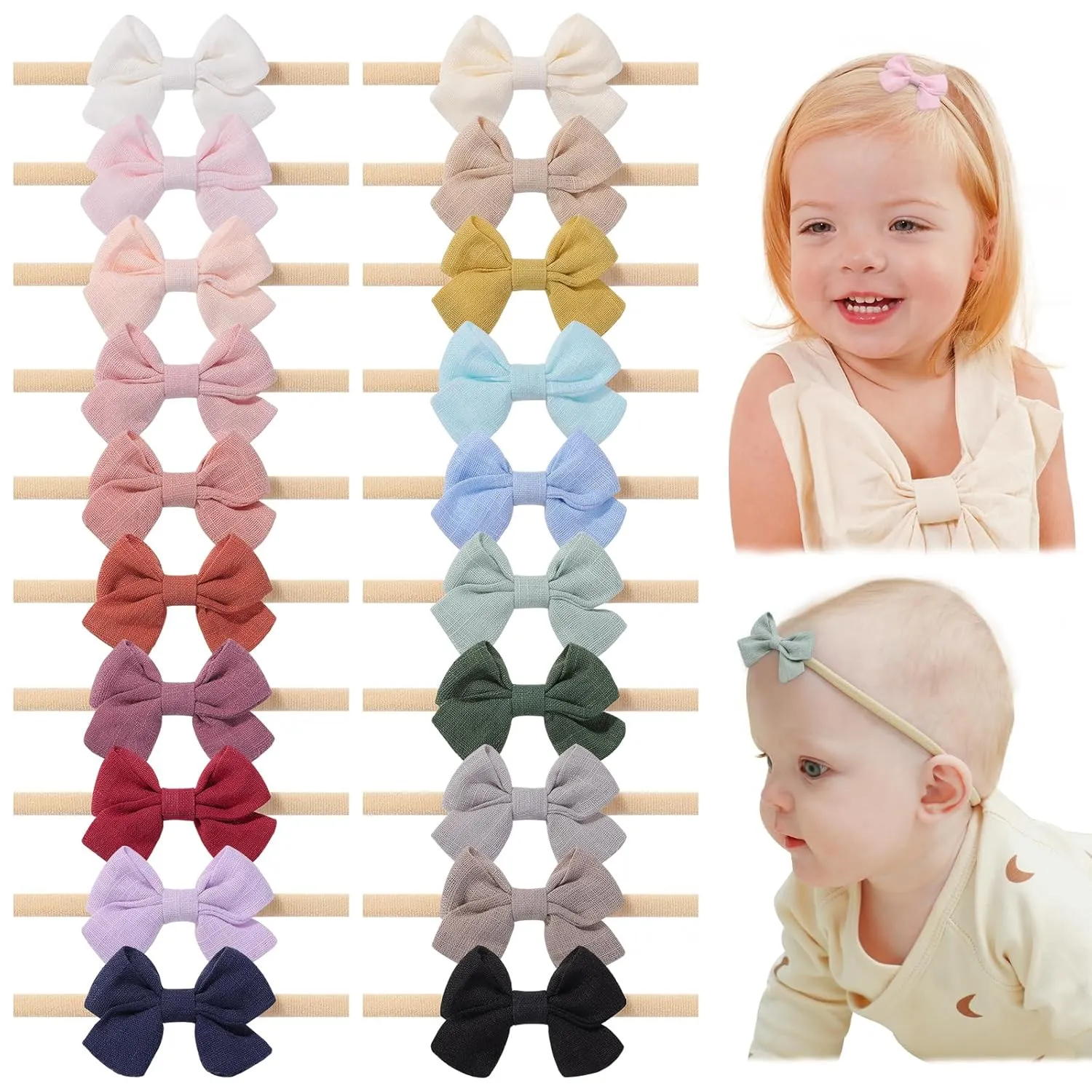 jollybows 20pcs Baby Girl Bow Headbands Newborn Nylon Hairband 2" Neutral Linen Infant Hair Bows