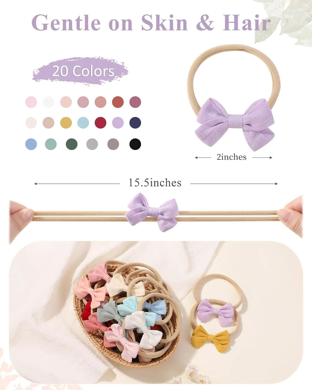 jollybows 20pcs Baby Girl Bow Headbands Newborn Nylon Hairband 2" Neutral Linen Infant Hair Bows