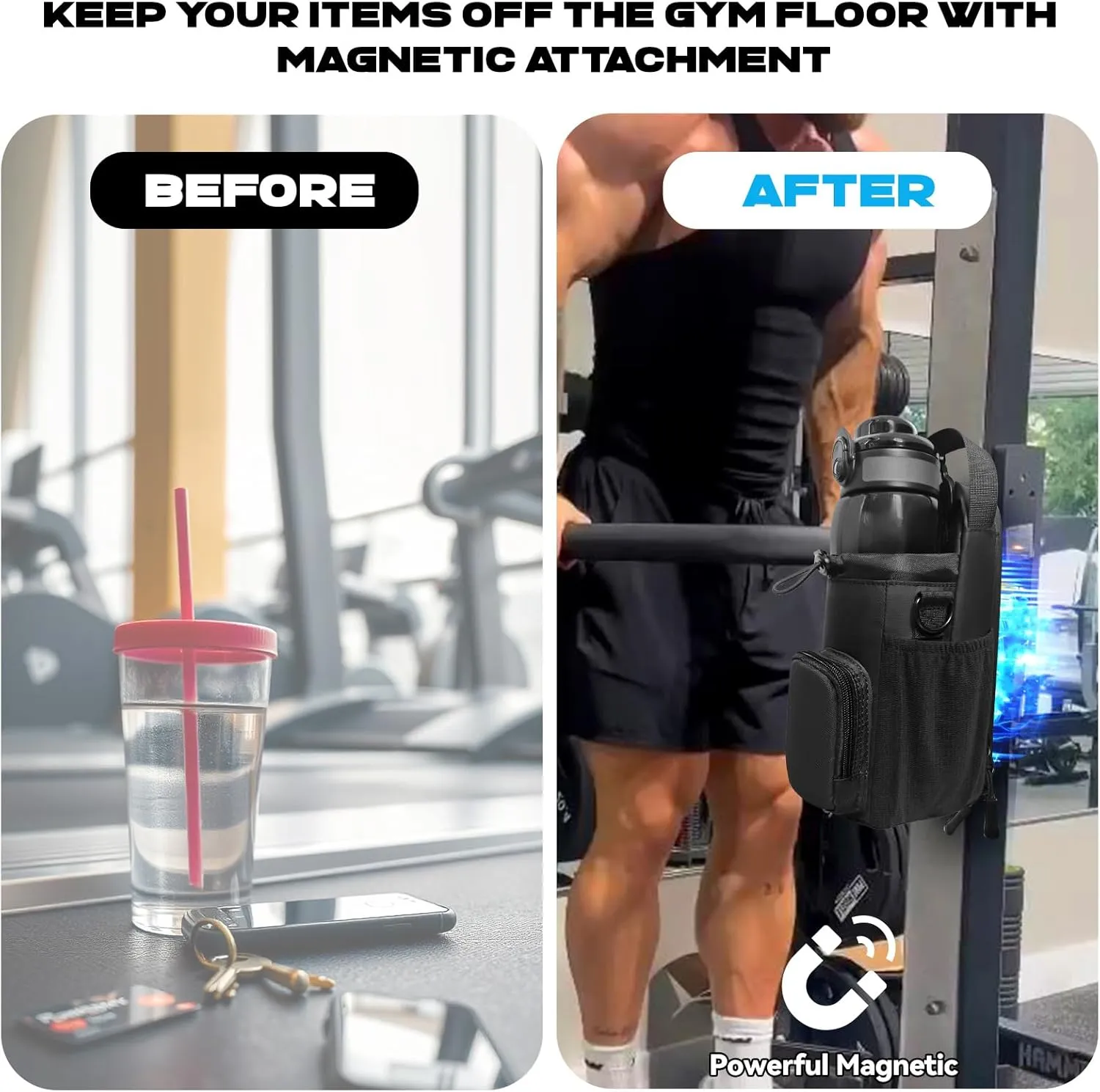 Magnetic Gym Bag for Men and Women, Magnetic Water Bottle Holder for Gym, Small Gym Bag, Gym Gifts for Women and Men (All Black)
