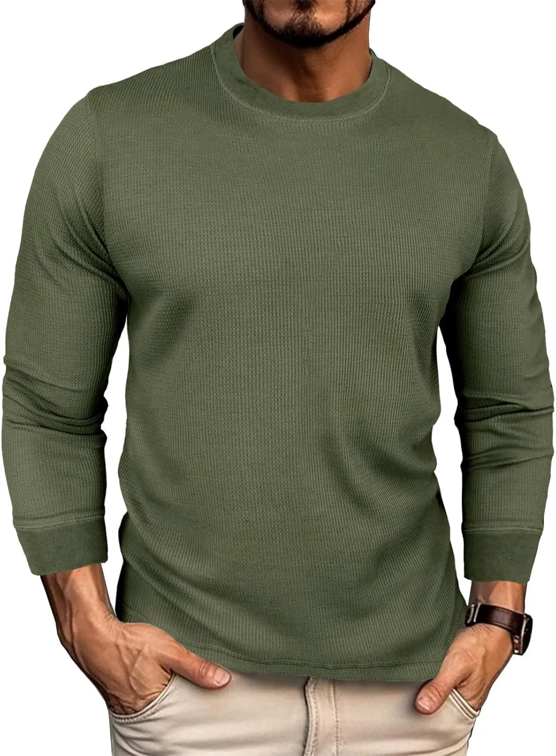 Men's Waffle Basic T-Shirt Long Sleeve Thermal Crew Neck Casual Top Underwear Lightweight Base Layer