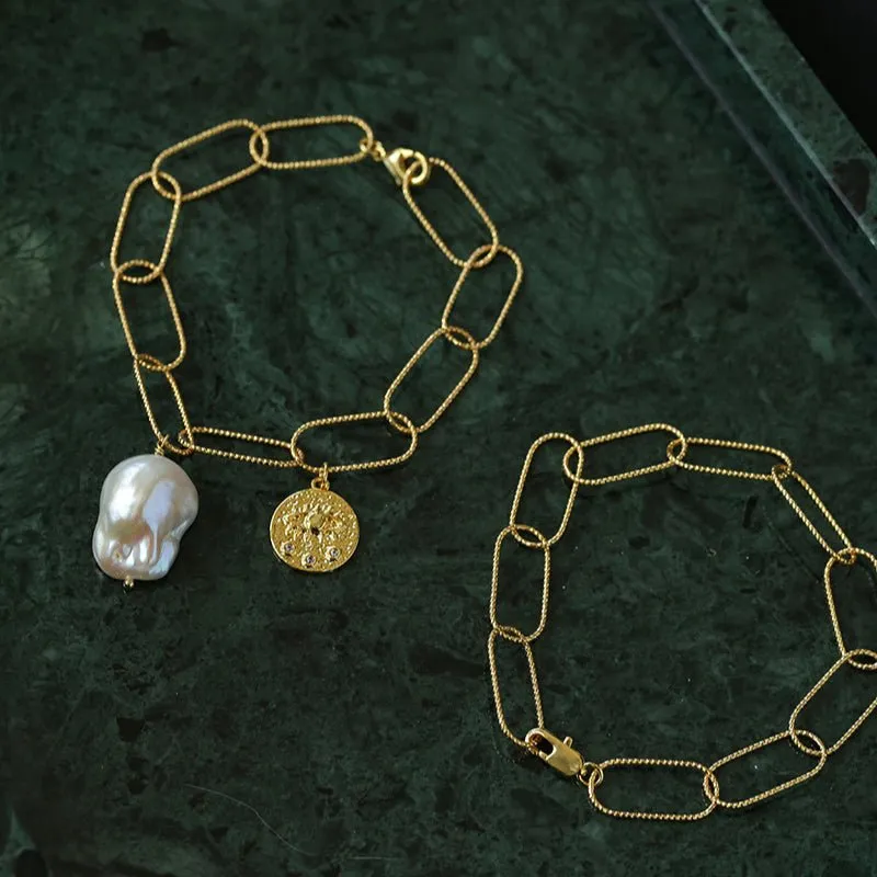 Metal Thick Chain Baroque Pearl Charm Bracelet