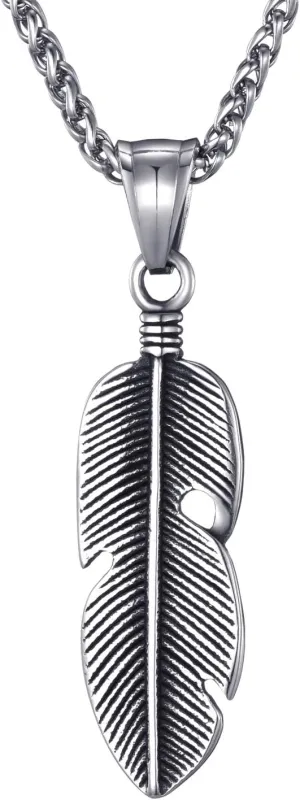 Moolee Mens Feather Pendant Necklace with Stainless Steel Link Chain