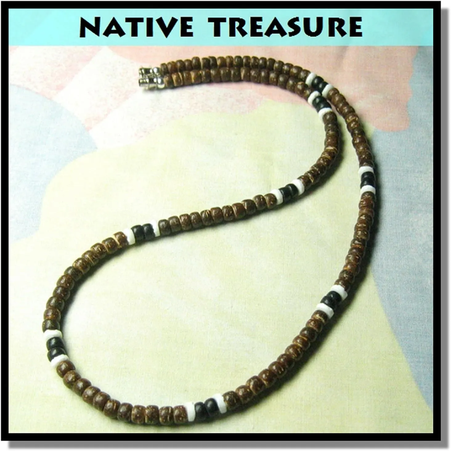 Native Treasure Mens and Womens Tropical Summer Beach Surfer Necklace From the Philippines, Brown Coconut Beads and White Ark Shells, Mens Summer Necklace