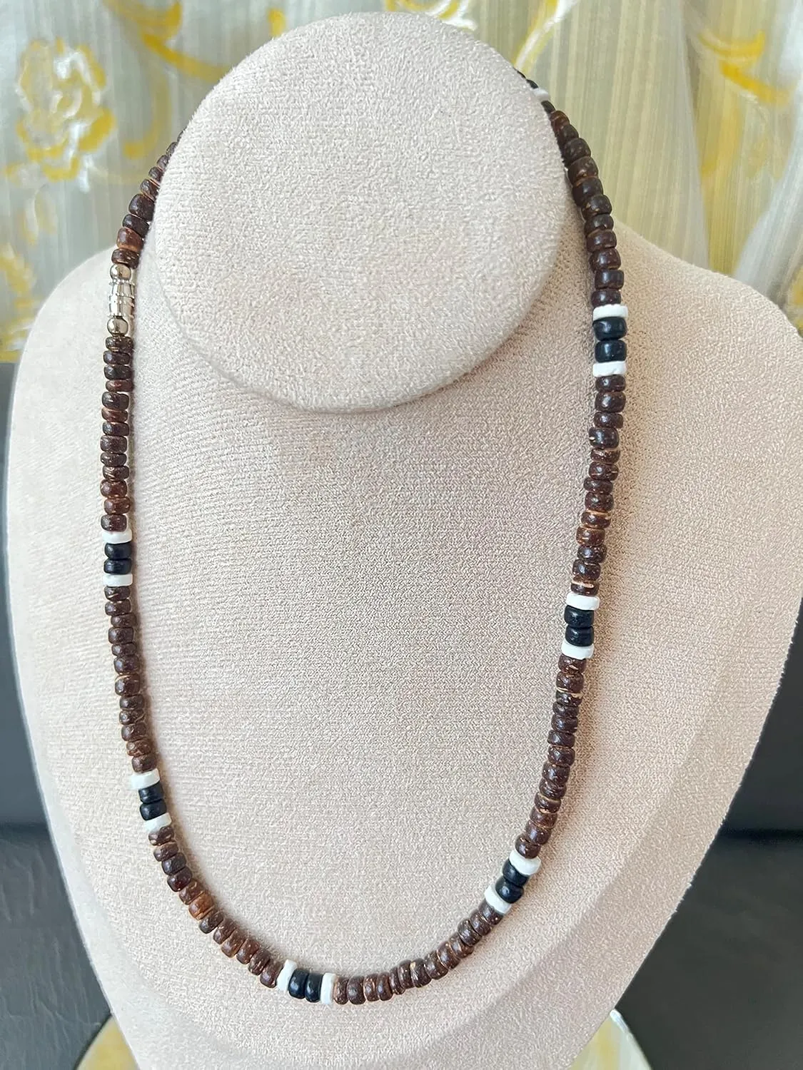 Native Treasure Mens and Womens Tropical Summer Beach Surfer Necklace From the Philippines, Brown Coconut Beads and White Ark Shells, Mens Summer Necklace