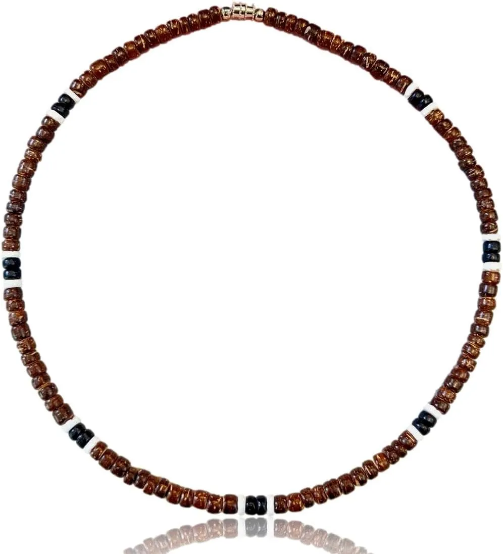 Native Treasure Mens and Womens Tropical Summer Beach Surfer Necklace From the Philippines, Brown Coconut Beads and White Ark Shells, Mens Summer Necklace