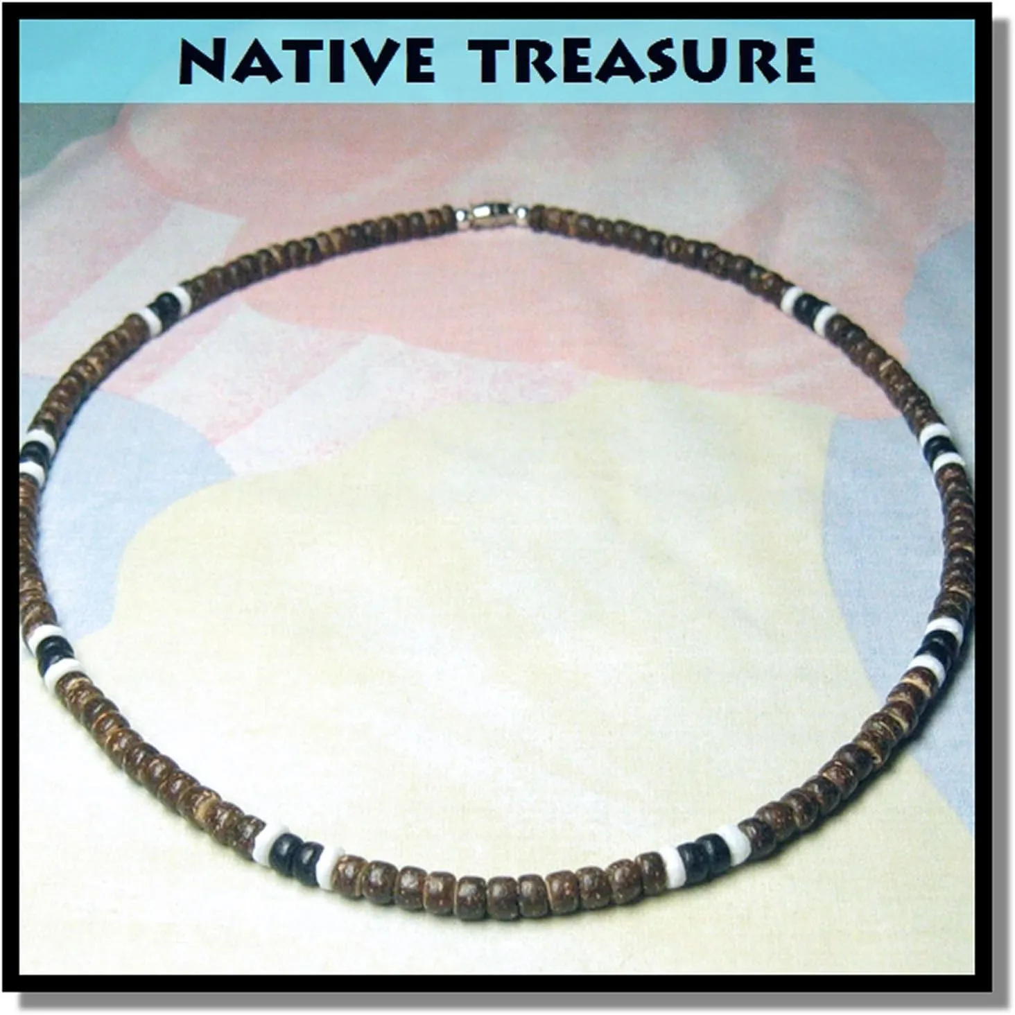 Native Treasure Mens and Womens Tropical Summer Beach Surfer Necklace From the Philippines, Brown Coconut Beads and White Ark Shells, Mens Summer Necklace