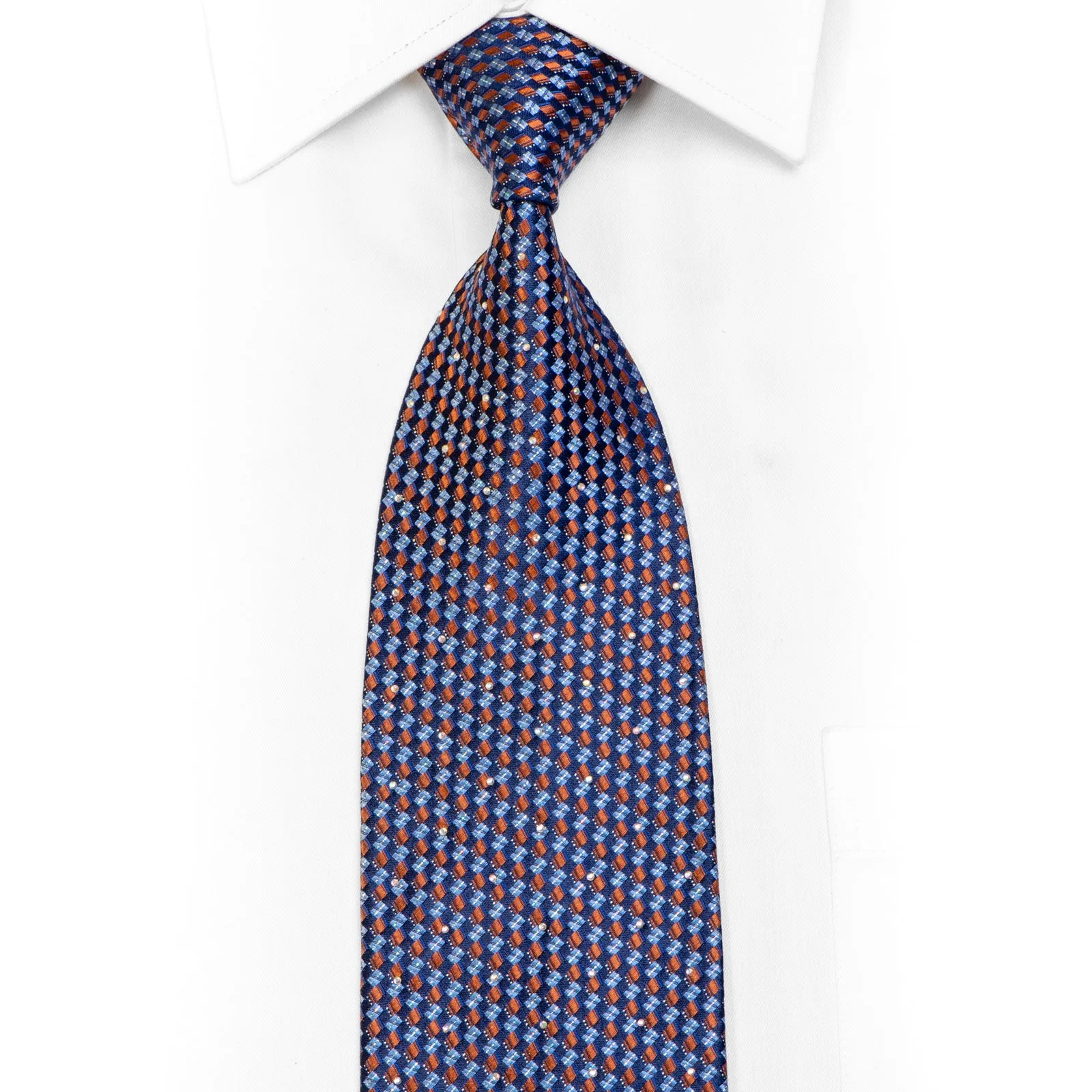 Orange Geometric On Navy Rhinestone Necktie With Sparkles