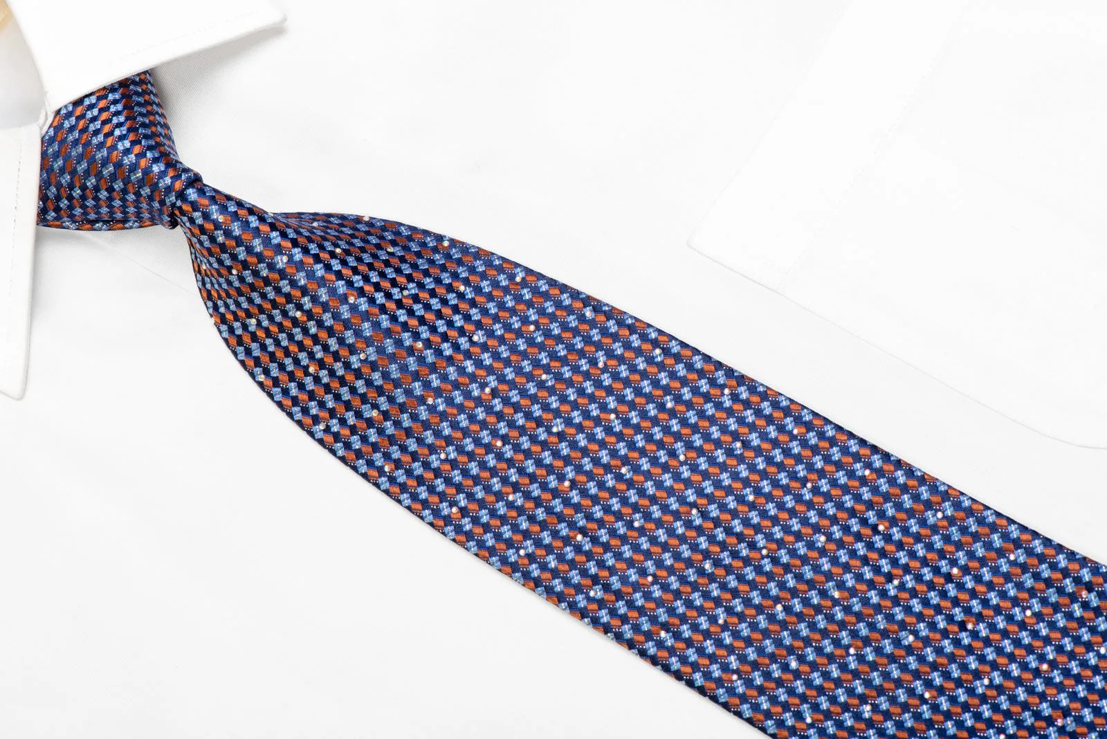 Orange Geometric On Navy Rhinestone Necktie With Sparkles
