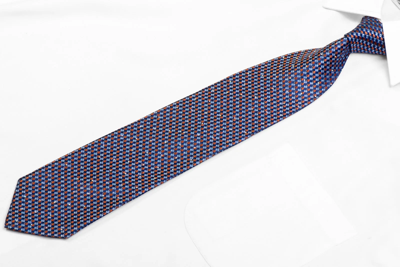 Orange Geometric On Navy Rhinestone Necktie With Sparkles