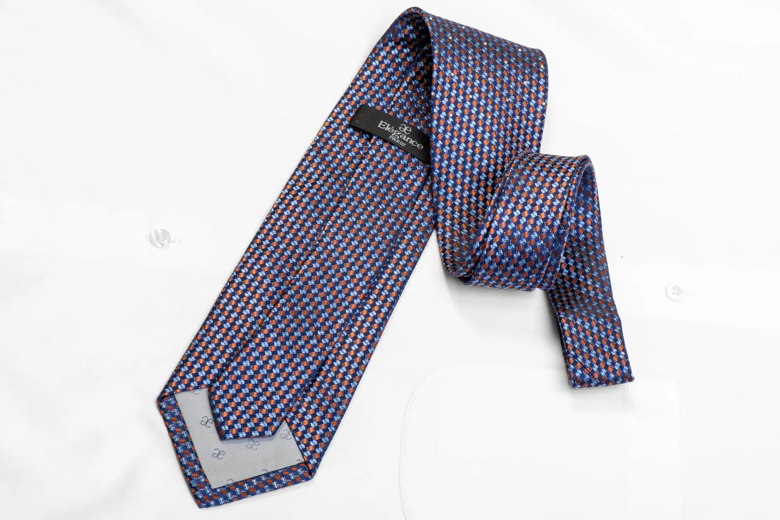 Orange Geometric On Navy Rhinestone Necktie With Sparkles