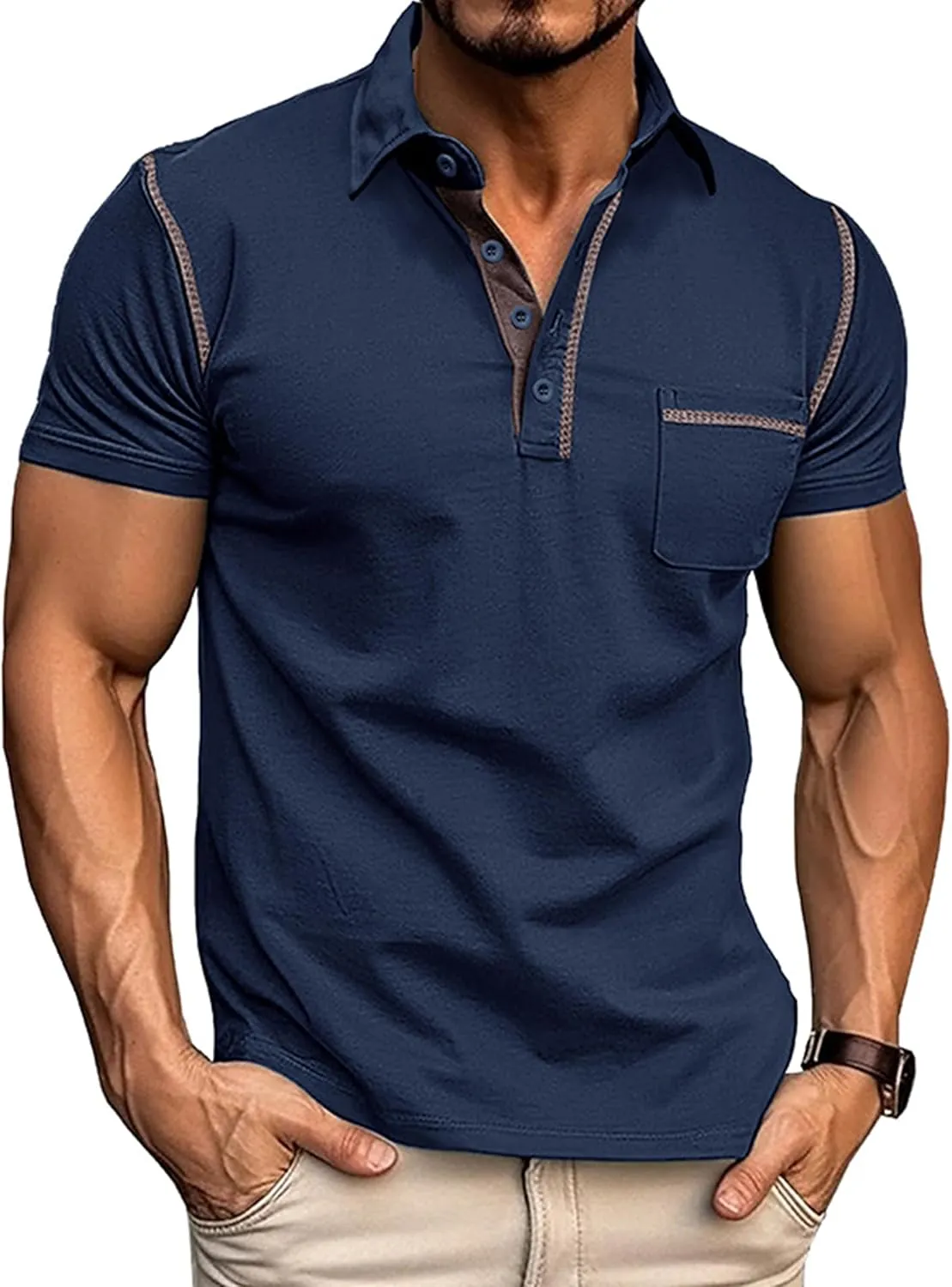 Polo Shirts for Men Basic Short Sleeve Shirt Button Solid Color Casual Tees Golf Stylish Tops