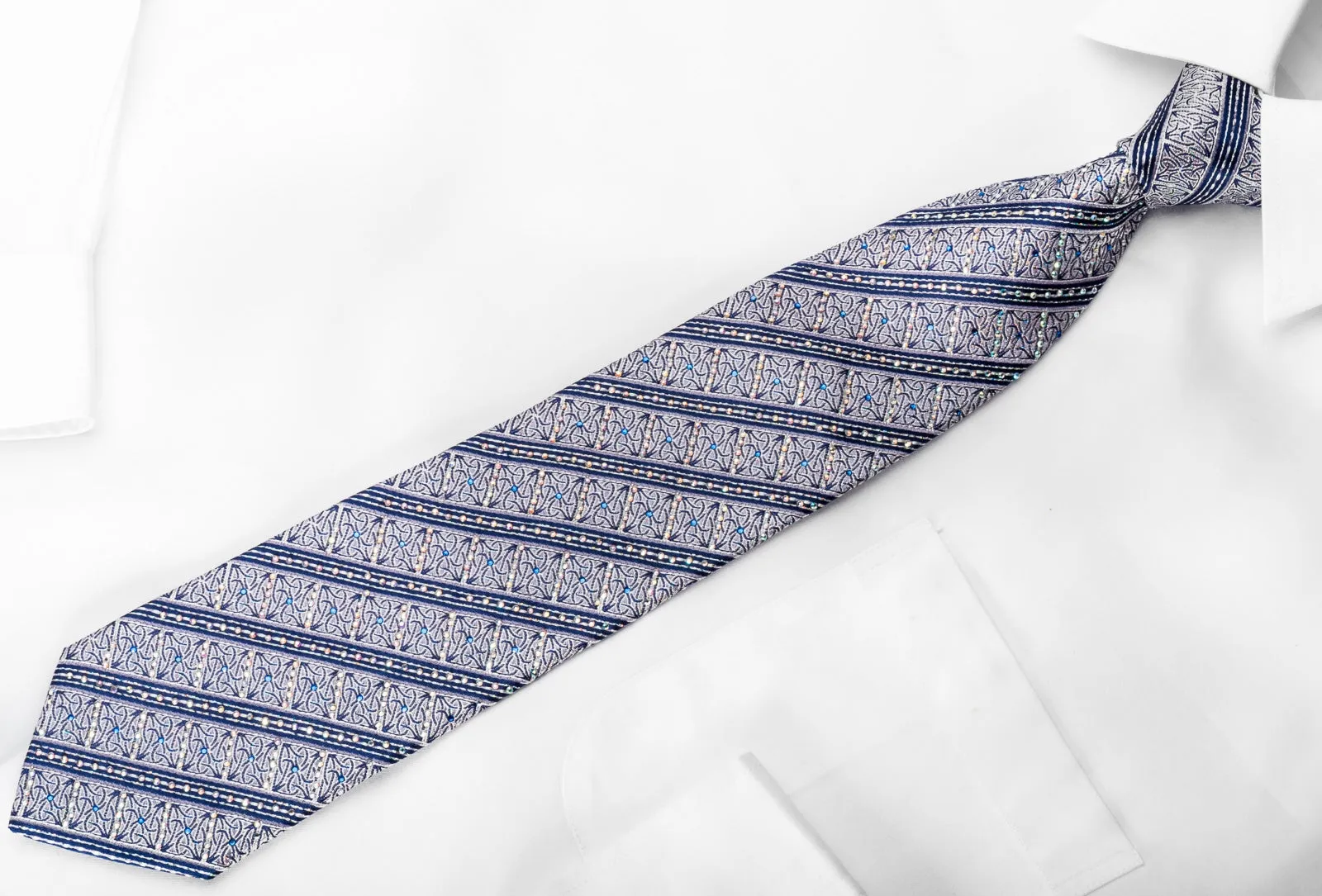 Rhinestone Silk Necktie Blue Stripes On Silver With Silver Sparkles