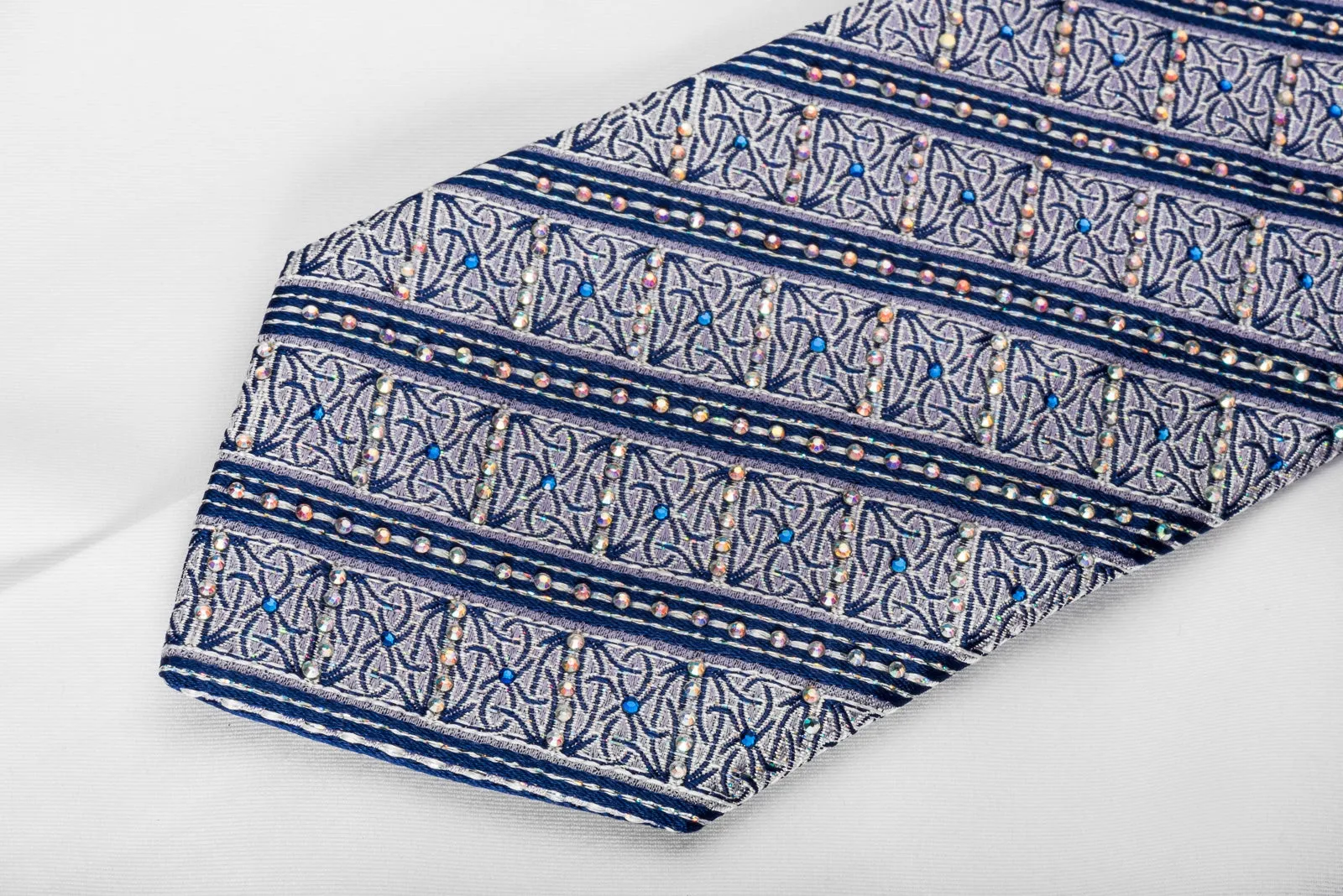 Rhinestone Silk Necktie Blue Stripes On Silver With Silver Sparkles