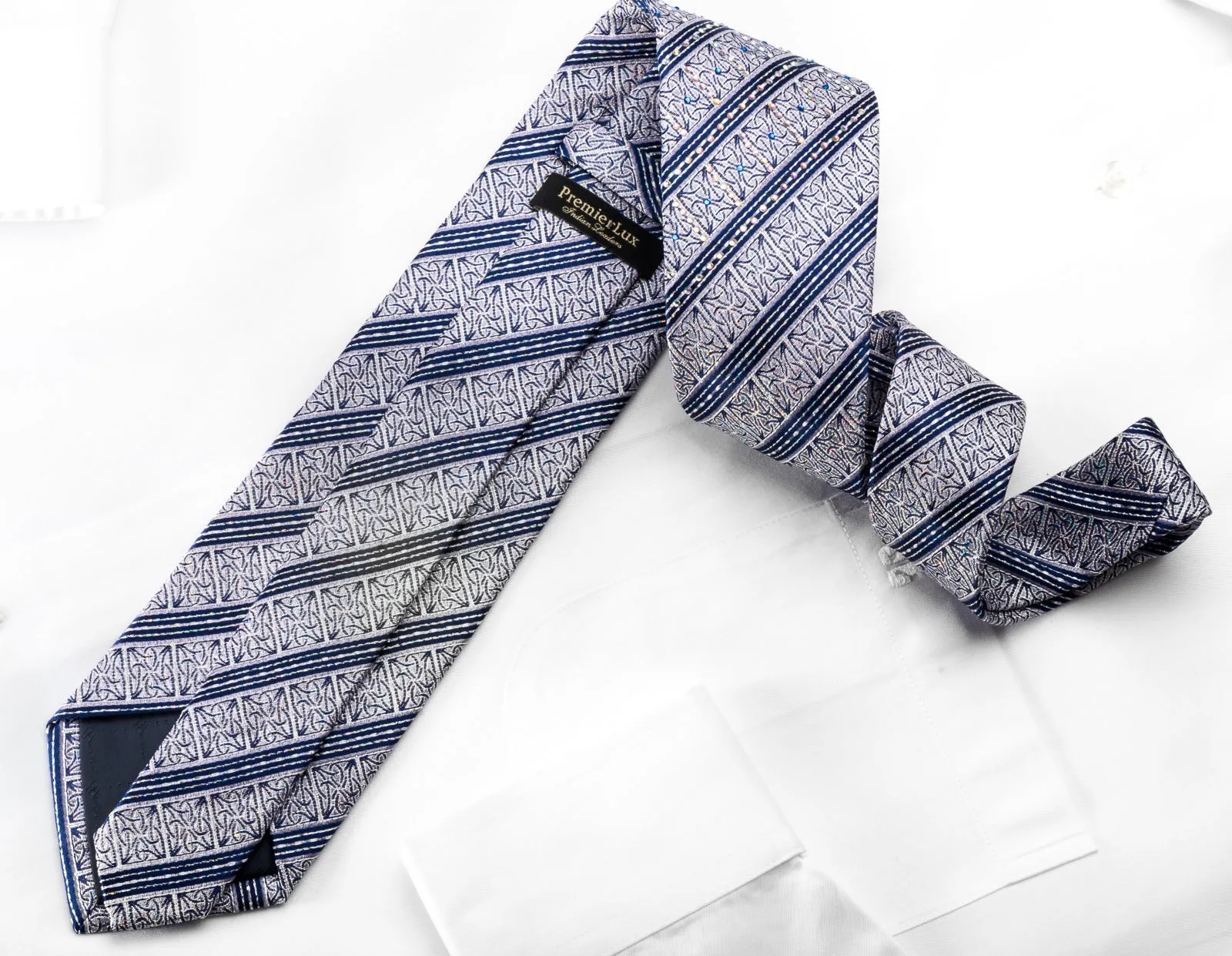 Rhinestone Silk Necktie Blue Stripes On Silver With Silver Sparkles