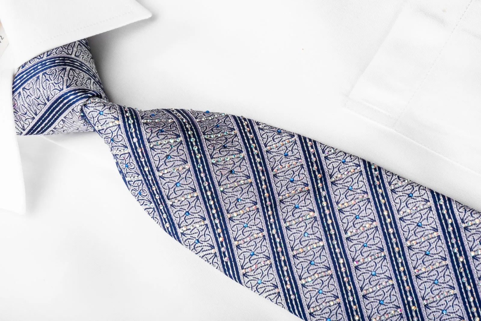 Rhinestone Silk Necktie Blue Stripes On Silver With Silver Sparkles