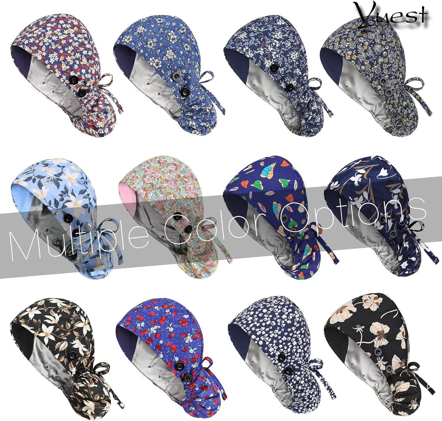 Satin Lined Scrub Caps with Buttons & Sweathand, Surgical Caps for Women