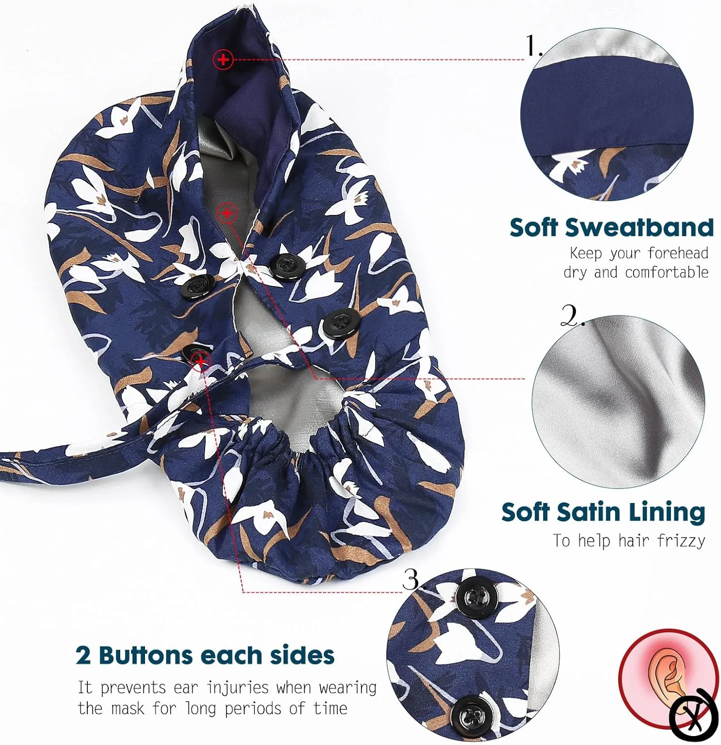 Satin Lined Scrub Caps with Buttons & Sweathand, Surgical Caps for Women