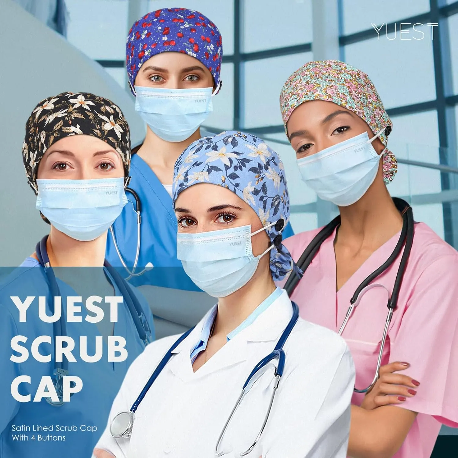 Satin Lined Scrub Caps with Buttons & Sweathand, Surgical Caps for Women