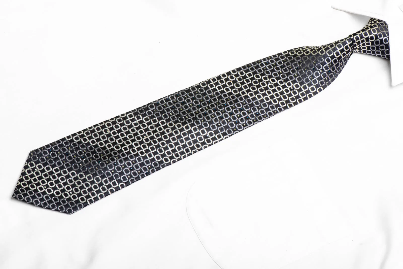 Silver Geometric On Black Rhinestone Tie With Silver Sparkles