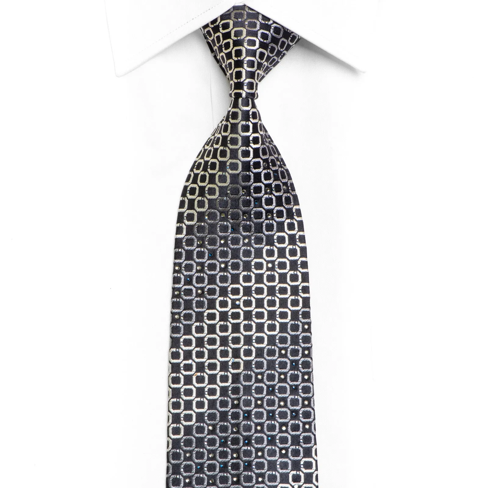 Silver Geometric On Black Rhinestone Tie With Silver Sparkles