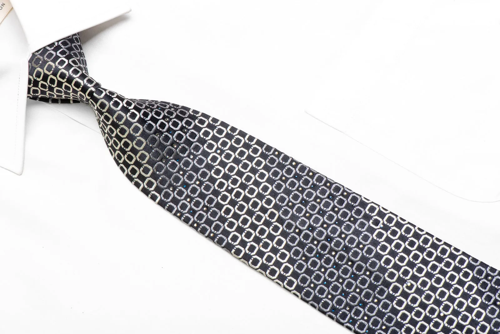 Silver Geometric On Black Rhinestone Tie With Silver Sparkles