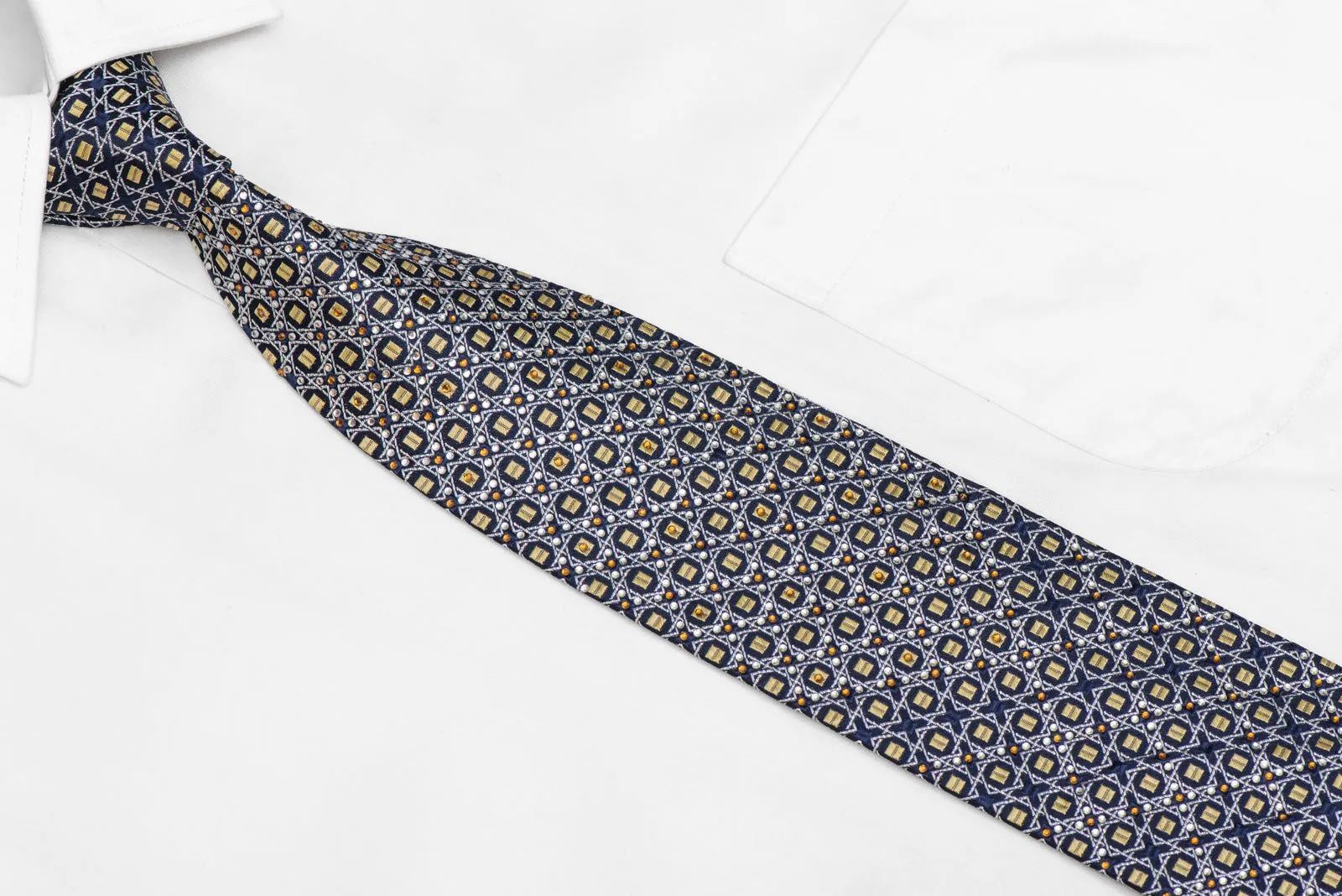Silver Gold Trellis On Blue Rhinestone Silk Tie With Silver Sparkles