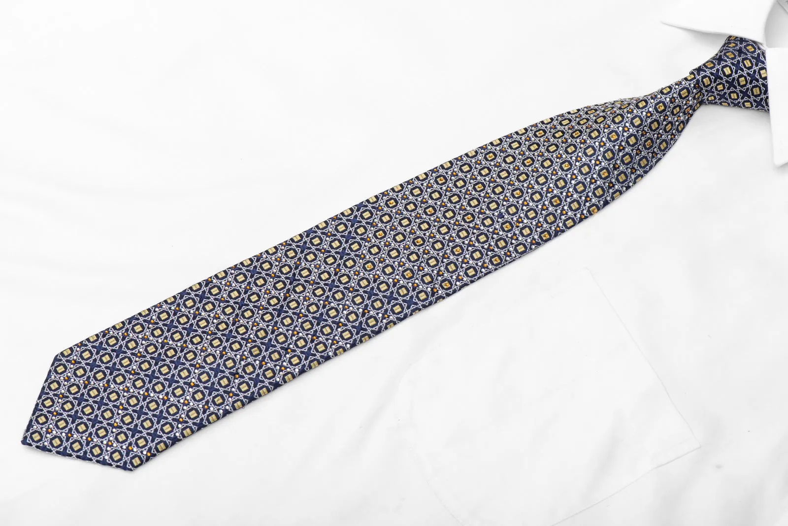 Silver Gold Trellis On Blue Rhinestone Silk Tie With Silver Sparkles