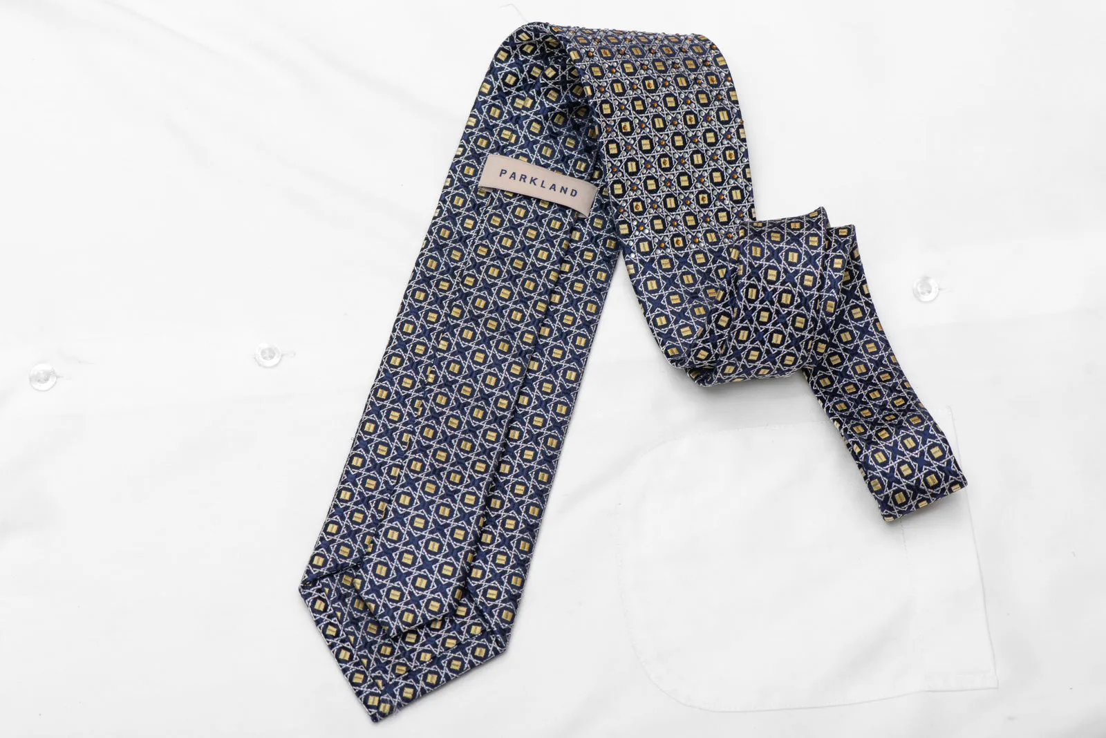 Silver Gold Trellis On Blue Rhinestone Silk Tie With Silver Sparkles
