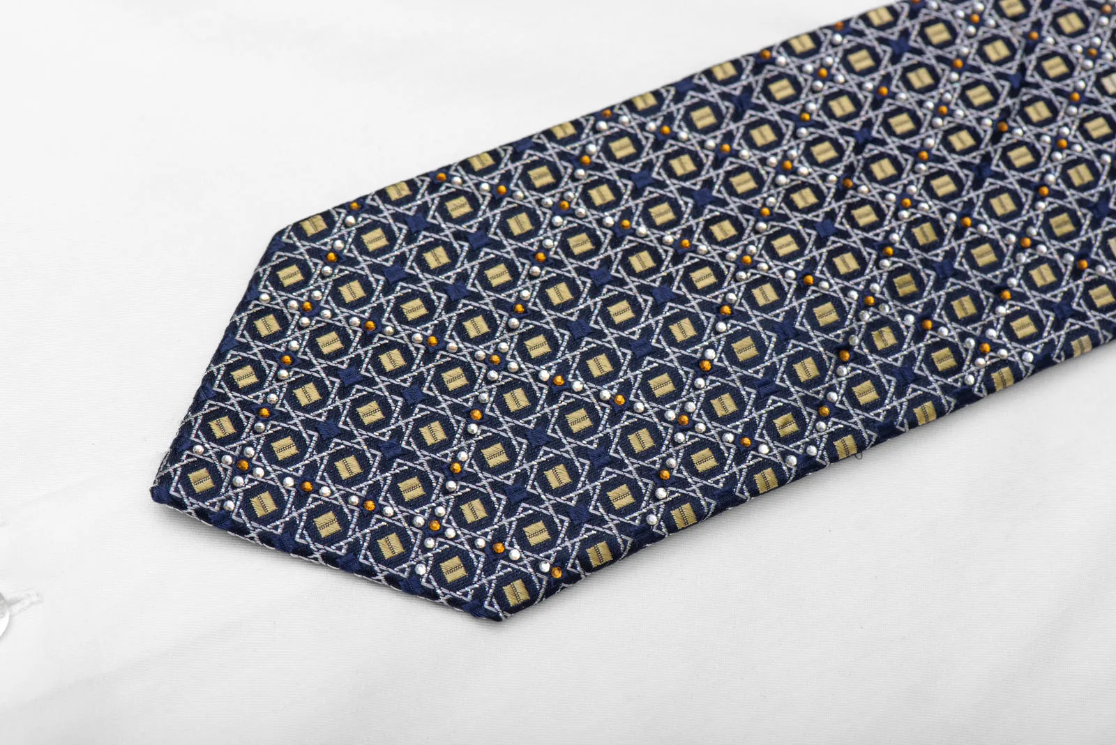 Silver Gold Trellis On Blue Rhinestone Silk Tie With Silver Sparkles