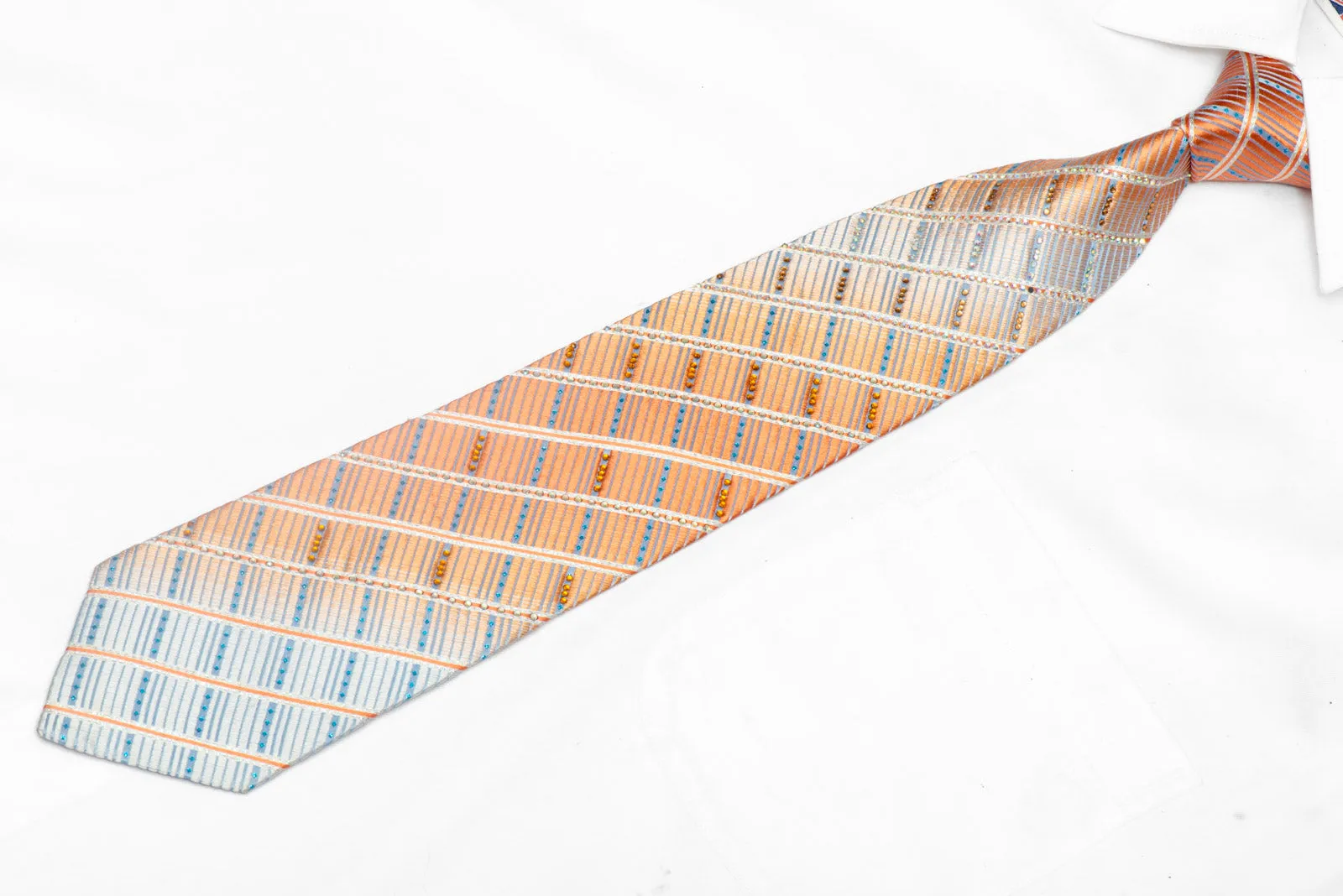 Silver Peach Striped Rhinestone Silk Necktie With Silver Sparkles