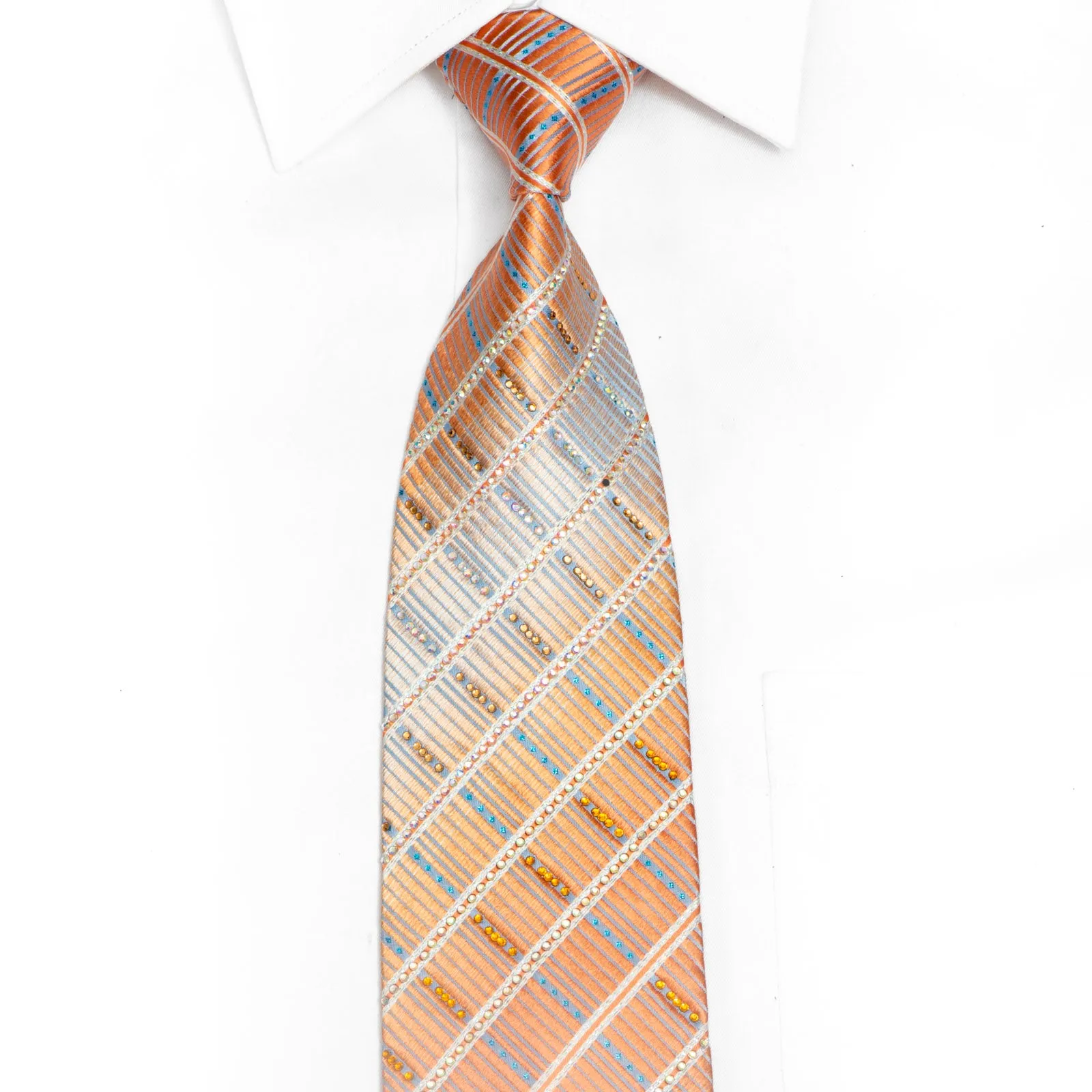 Silver Peach Striped Rhinestone Silk Necktie With Silver Sparkles