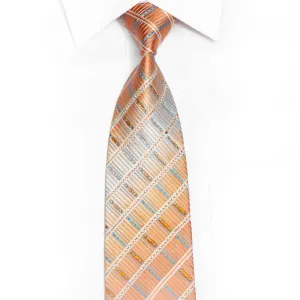 Silver Peach Striped Rhinestone Silk Necktie With Silver Sparkles