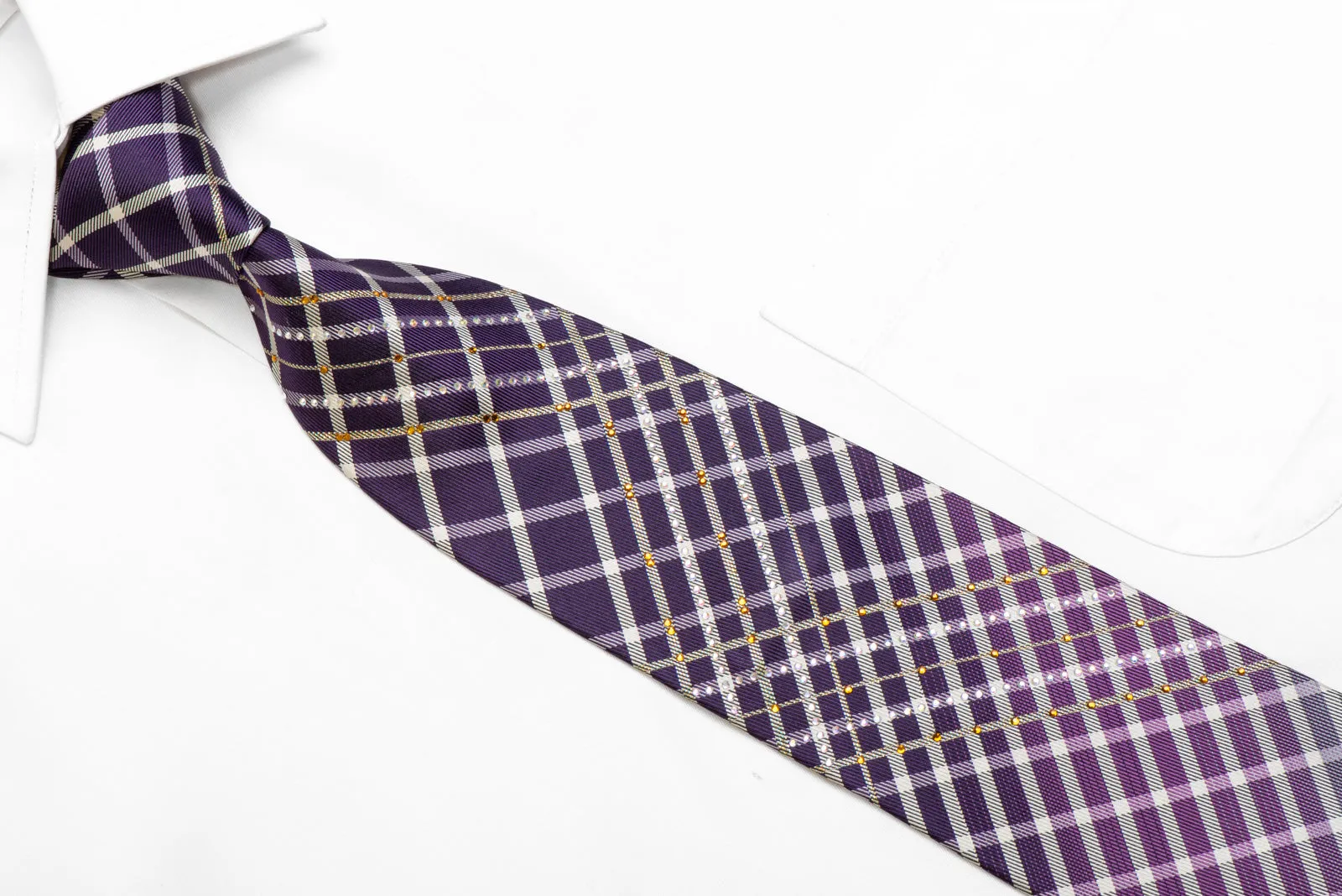 Silver Purple Plaid Rhinestone Silk Necktie With Silver Sparkles