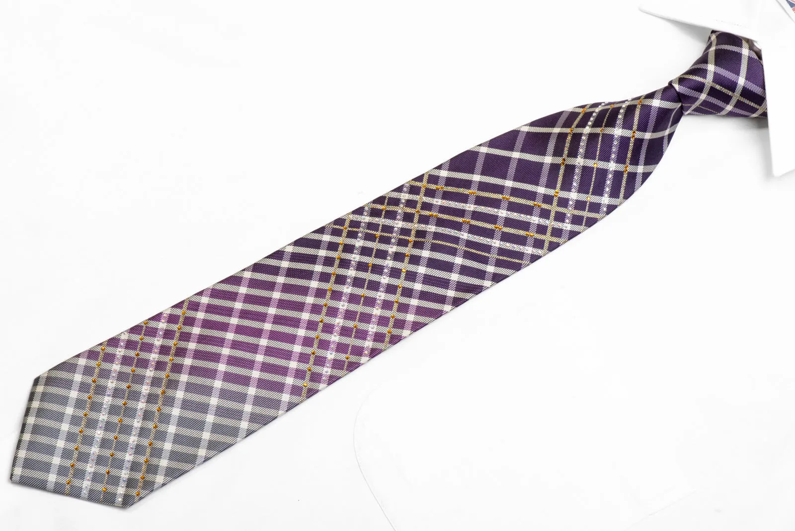 Silver Purple Plaid Rhinestone Silk Necktie With Silver Sparkles