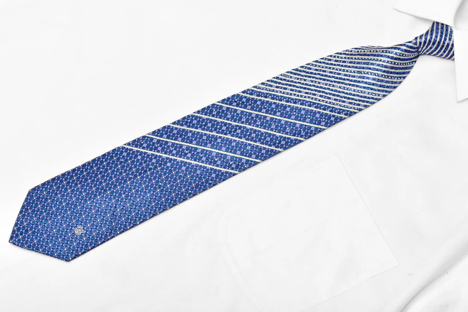 Silver Striped On Blue Geometric Rhinestone Silk Necktie With Blue Sparkles