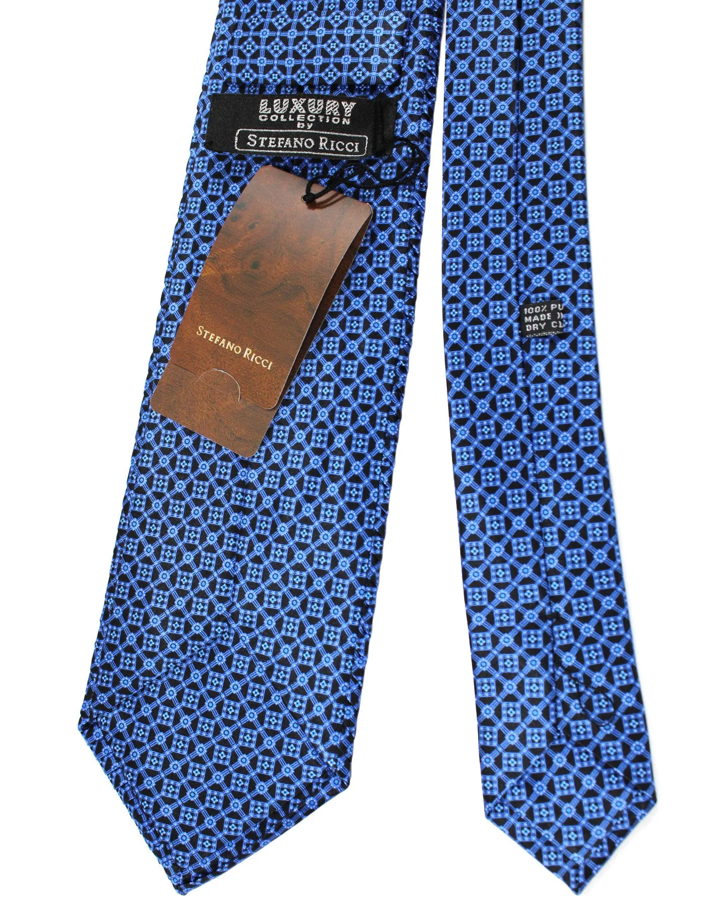 Stefano Ricci Pleated Silk Tie Black Royal Blue Geometric Design