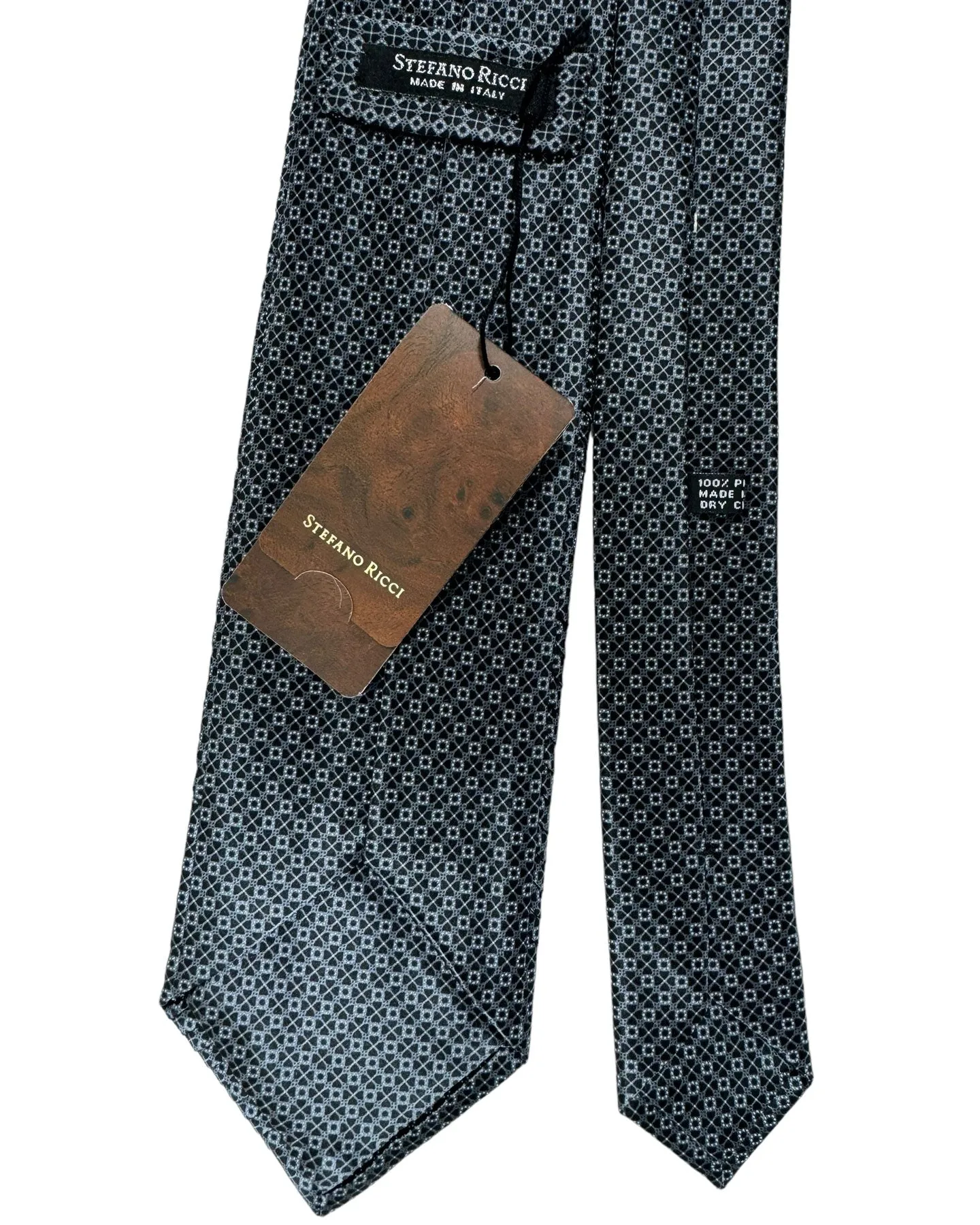 Stefano Ricci Tie Black Silver Geometric - Pleated Silk