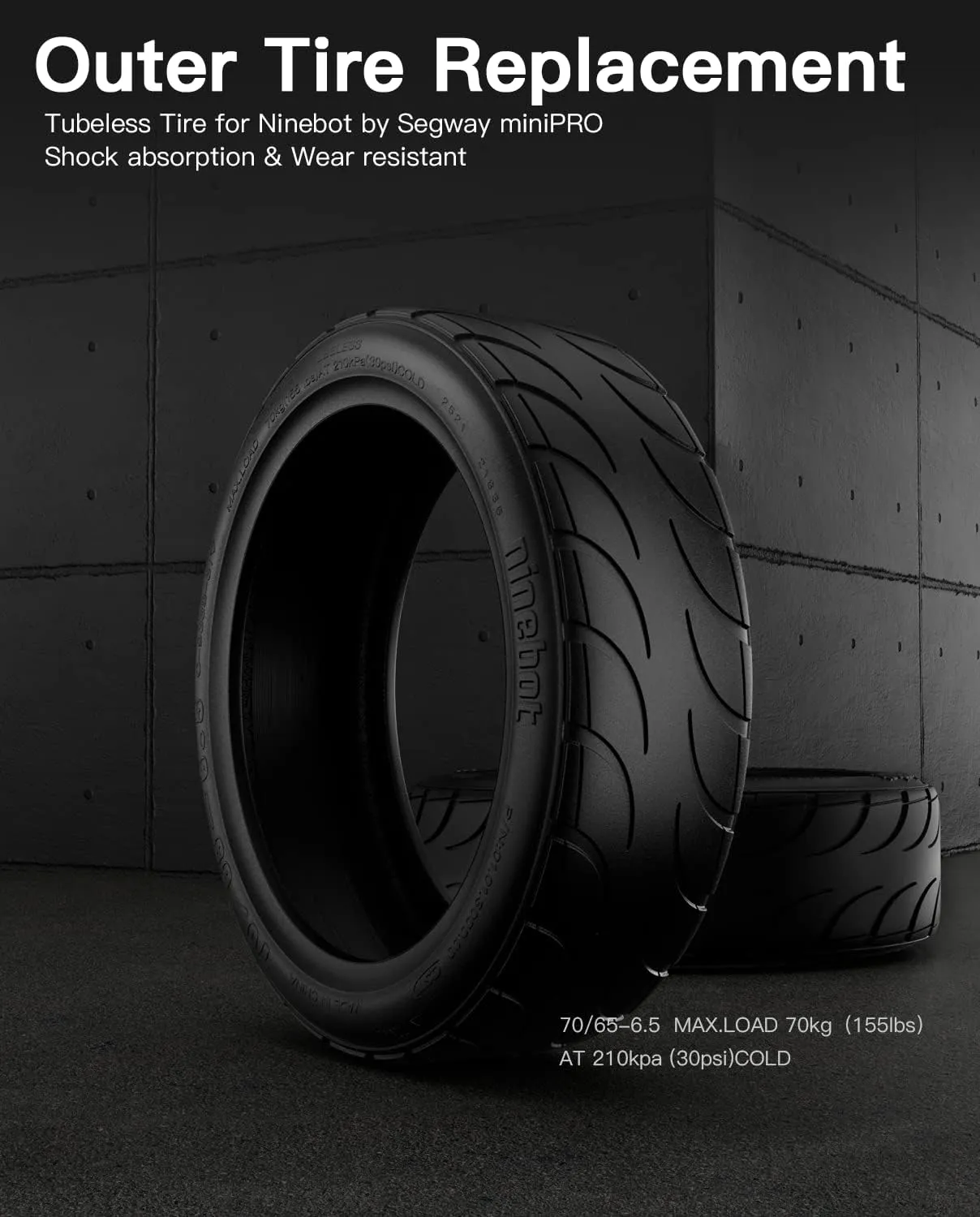 stio 2PCS 10.5 inches Tubeless Tire 70/65-6.5 Compatible with Ninebot by Segway S/Mini PRO Scooter Rubber Outer Non-Slip Tire Lightweight Scooter Tyre Original Accessories