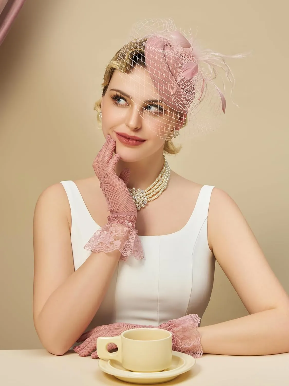 SWEETV Fascinators Pillbox Hats for Women, Tea Party Hat and Short Lace Gloves Set Perfect for Kentucky Derby, Cocktail