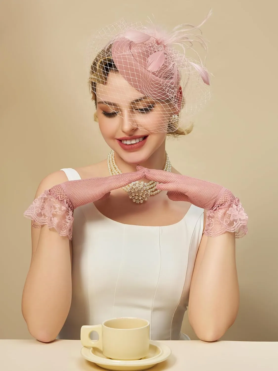 SWEETV Fascinators Pillbox Hats for Women, Tea Party Hat and Short Lace Gloves Set Perfect for Kentucky Derby, Cocktail