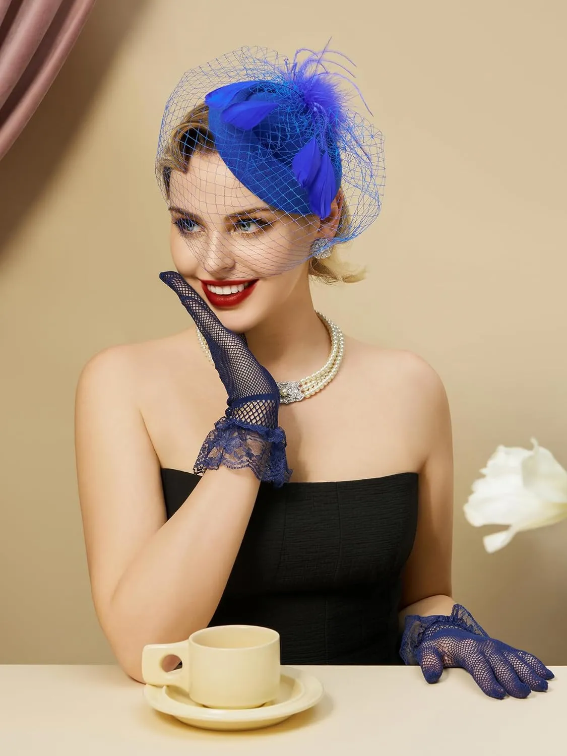SWEETV Fascinators Pillbox Hats for Women, Tea Party Hat and Short Lace Gloves Set Perfect for Kentucky Derby, Cocktail