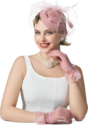 SWEETV Fascinators Pillbox Hats for Women, Tea Party Hat and Short Lace Gloves Set Perfect for Kentucky Derby, Cocktail