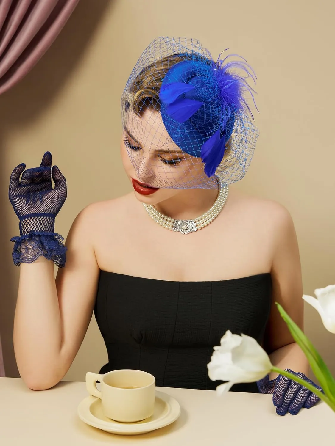SWEETV Fascinators Pillbox Hats for Women, Tea Party Hat and Short Lace Gloves Set Perfect for Kentucky Derby, Cocktail