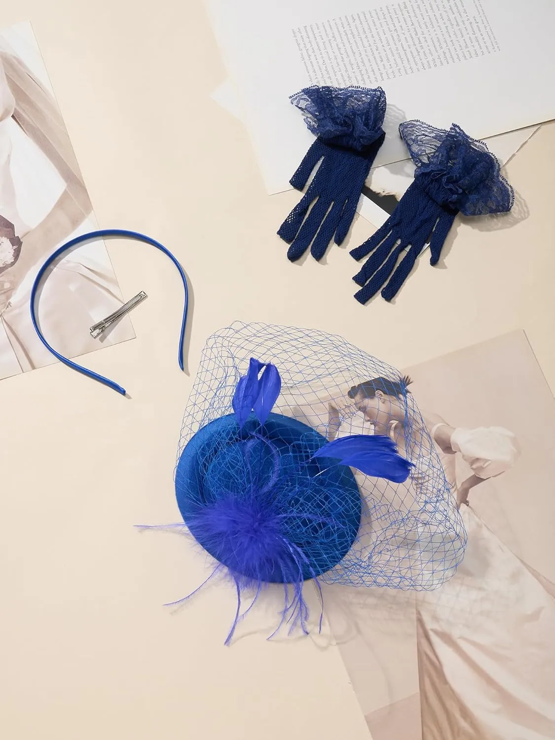 SWEETV Fascinators Pillbox Hats for Women, Tea Party Hat and Short Lace Gloves Set Perfect for Kentucky Derby, Cocktail